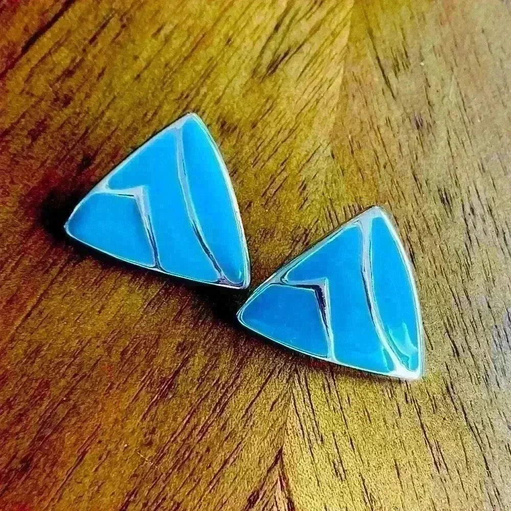 80s Vintage Button Earrings Turquoise Green 
Geometric Triangle Studs